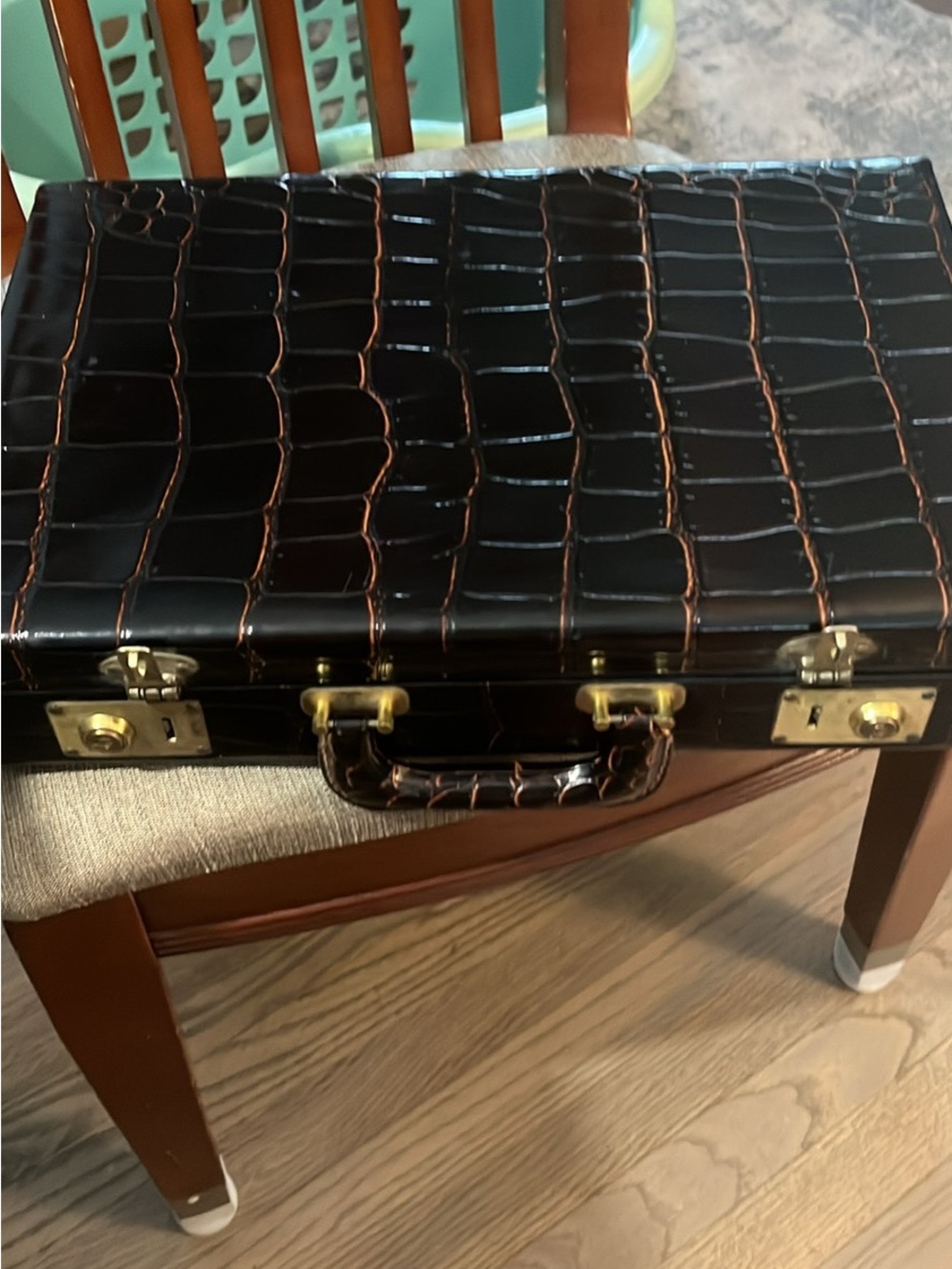 Croc-Embossed Black Briefcase with Gold Hardware and Top Handle